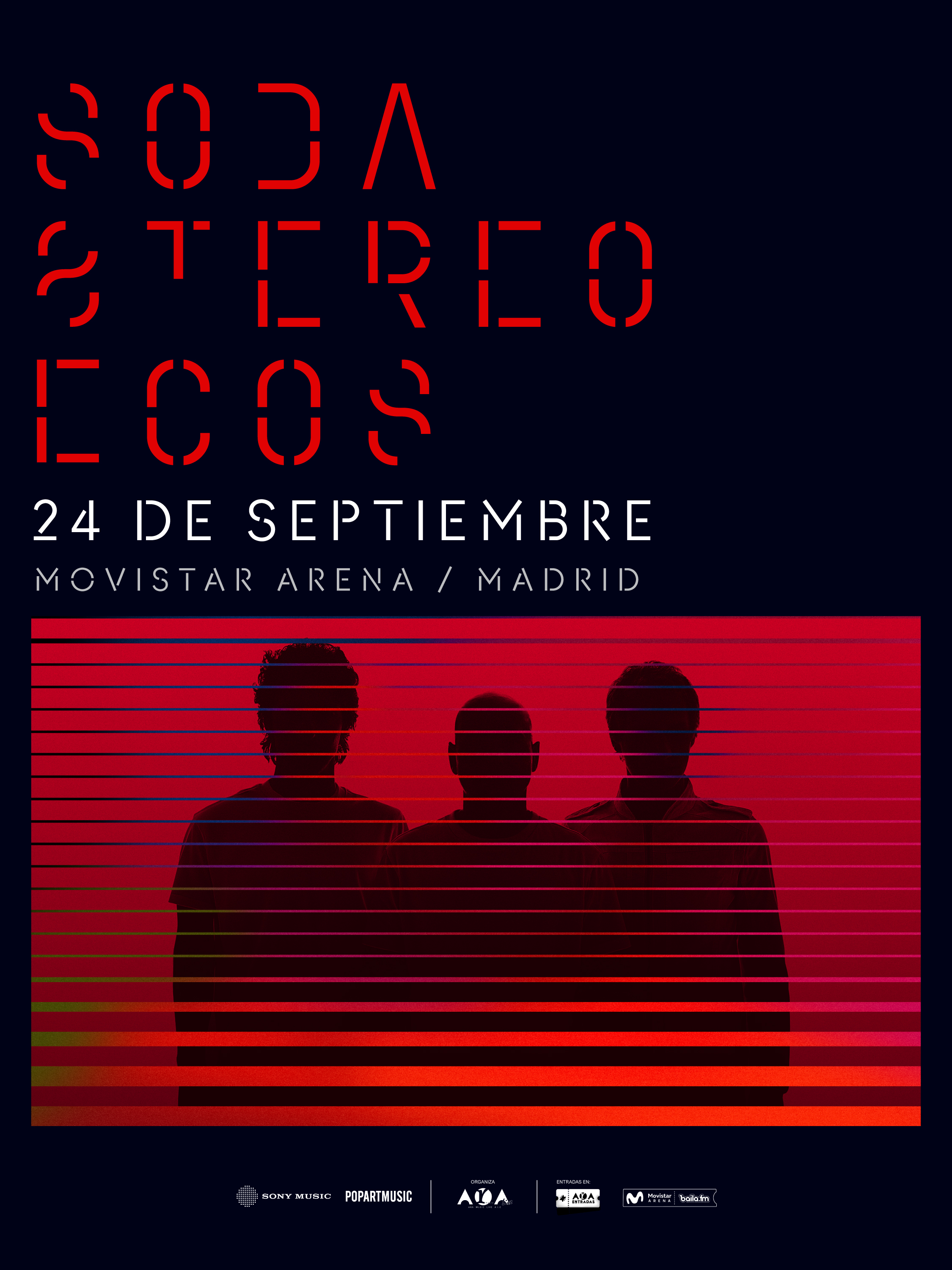 Gráfica oficial de Soda Stereo ECOS con la fecha 24 de septiembre y la leyenda Movistar Arena / Madrid